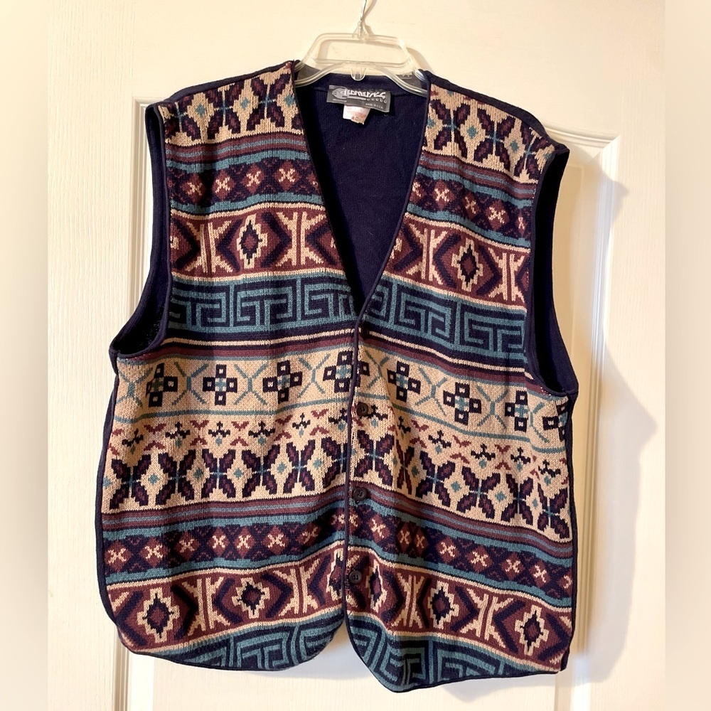 Vintage 90s Multicolor Blue Southwest Native Aztec Pattern Button Sweater Vest